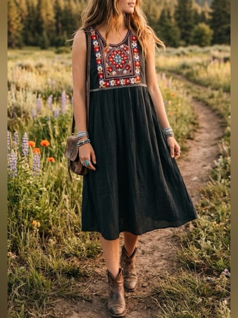 Double D Ranch sleeveless boho floral embroidered scoop neck dress comfy Large